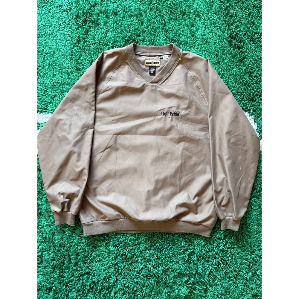 North End Windbreaker Pullover Mens Large Tan Excellent Golf Pride V-Neck Jacket